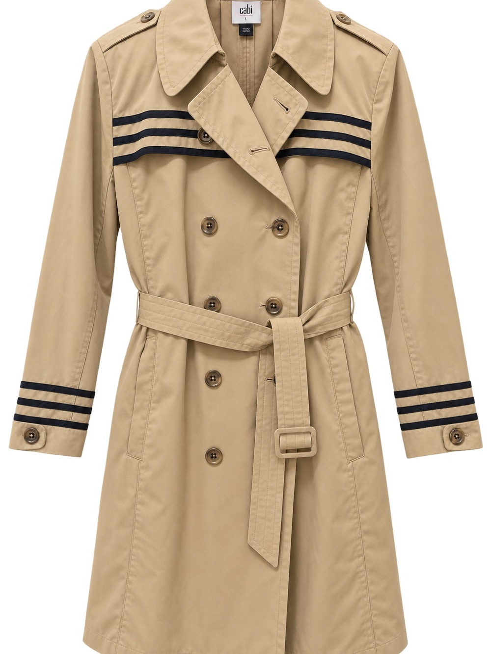 CAbi Tan Trench Coat with Navy Stripe Accents